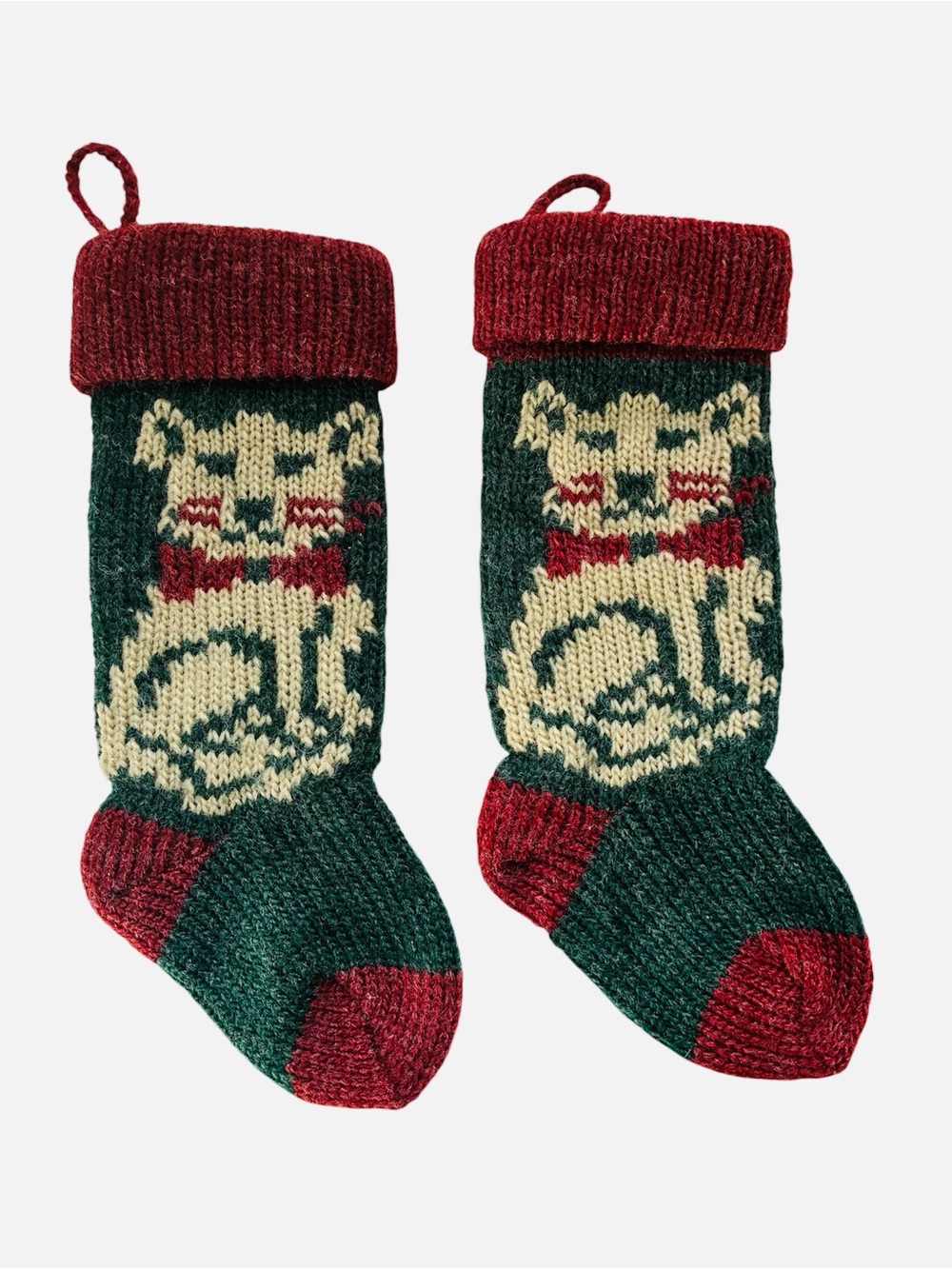Vintage Holiday Dog Puppy Knit Christmas Stocking - Green & Red
